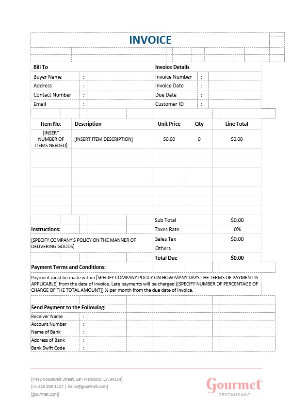 Restaurant Blank Invoice Template PSD template